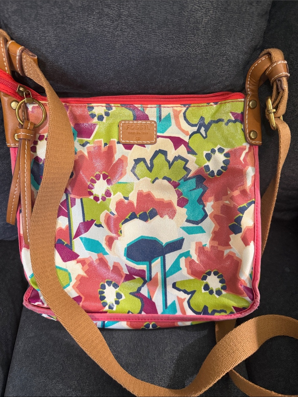 Fossil Multicolor Floral Crossbody with Tan Strap